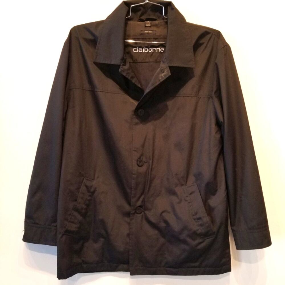 Claiborne Men's‎ Black Rain Coat Pockets Short Comfortable Long Sleeve Size L